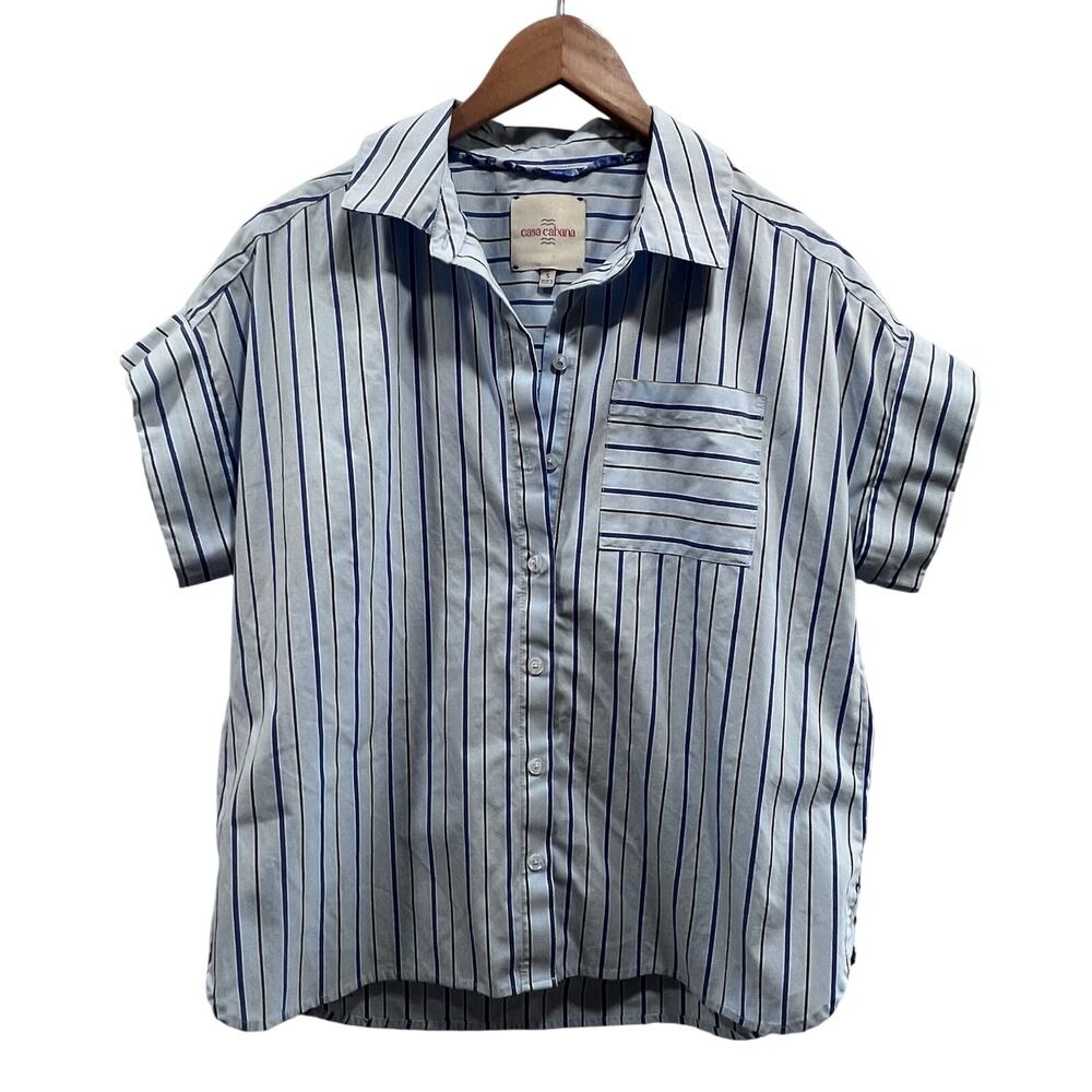 Casa Cabana Striped Pattern Blue‎ & White Button Up Boxy Fit Shirt Women's S